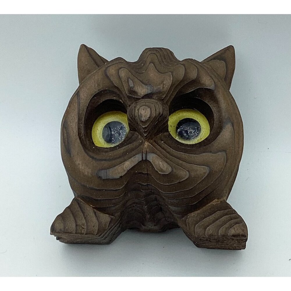 Mid Century Japanese Carved Shou Sugi Ban Glass Eye Wood Owl-NEW NOS Cryptomeria